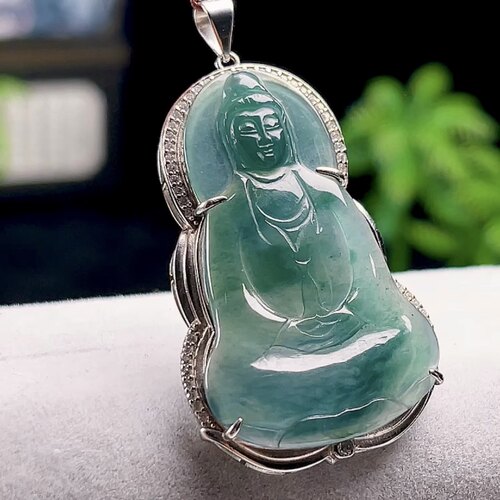 正品玉石冰蓝水观音牌吊坠天然A货翡翠S925银镶嵌素衣观音玉坠
