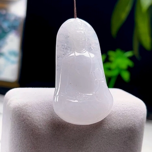 缅甸A货玉石白冰观世音吊坠玉观音挂件天然翡翠素衣莲花观音玉坠