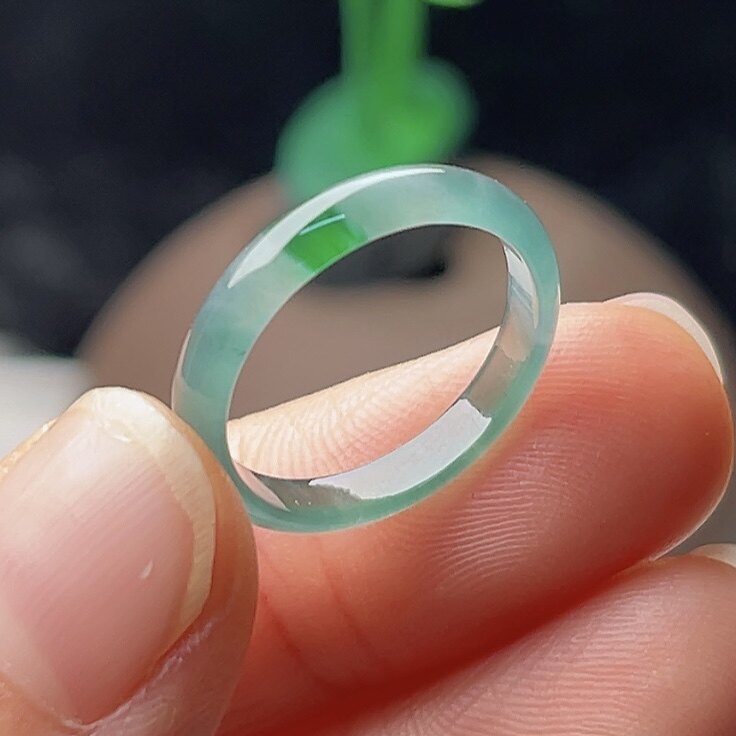 15号正品天然翡翠玉指环首饰A货玉石一抹绿细边戒指素圈介指男女