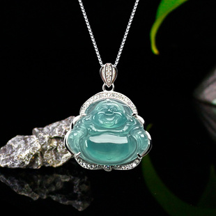 冰种蓝水翡翠玉佛吊坠 S925银镶嵌天然A货玉石佛公玉坠女项链带证