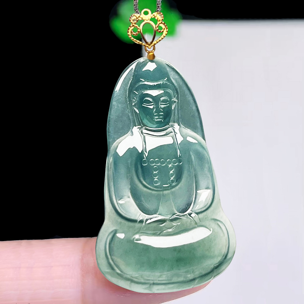 正品A货18K金扣冰种天空蓝水冰绿素衣观音翡翠吊坠玉观音玉坠男女