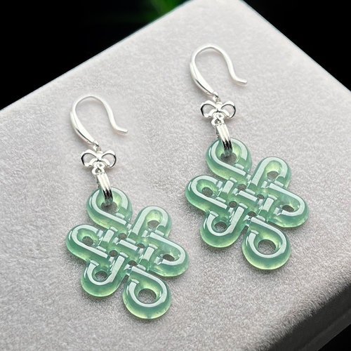 保真天然A货翡翠耳坠中国结耳环S925银镶嵌冰绿玉石耳饰女款吉祥