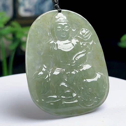 玉石翡翠油青文殊菩萨牌吊坠