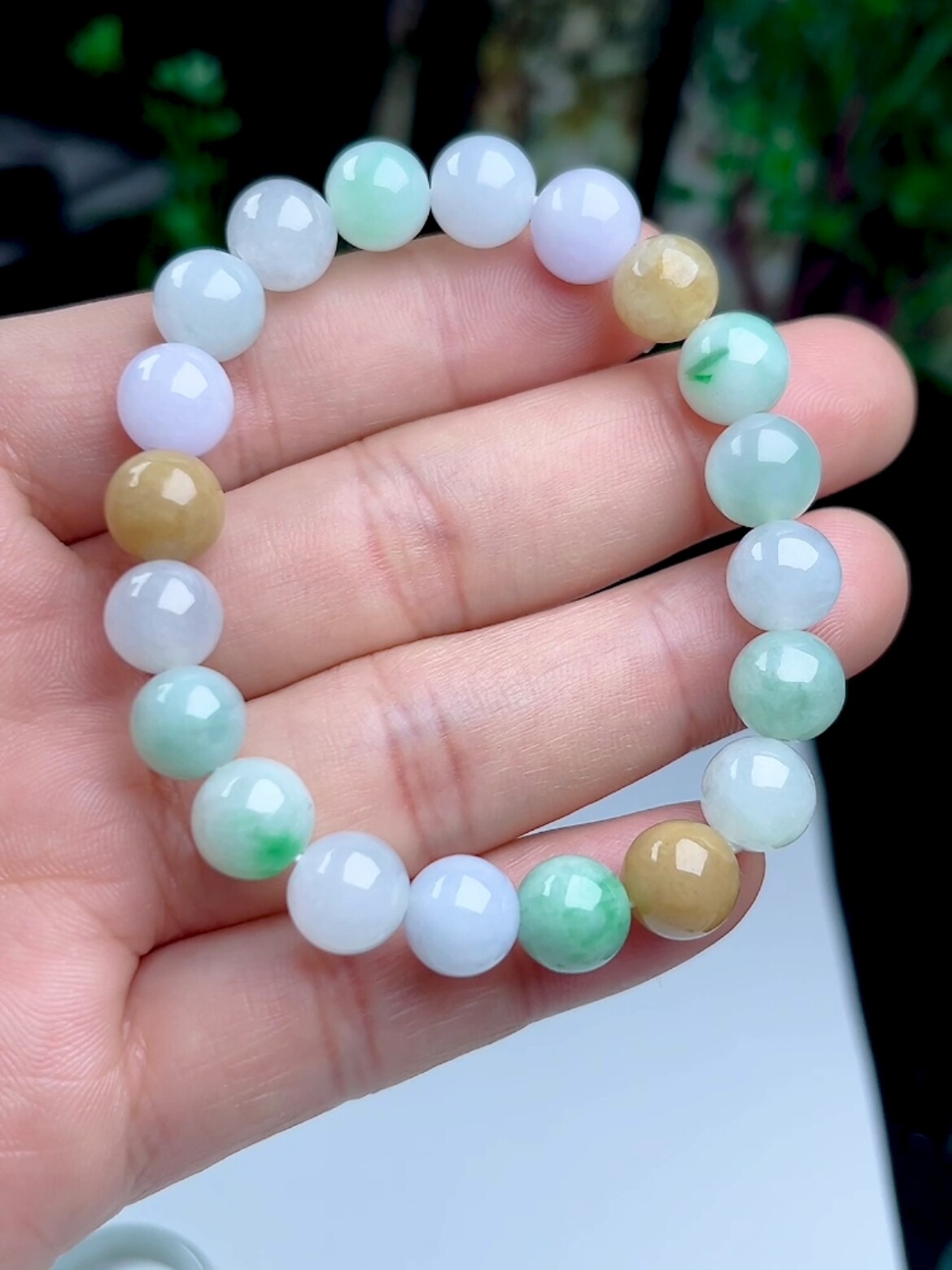 9-10mm淡紫黄翡阳绿飘花手链天然a货 缅甸玉石翡翠单圈玉珠玉手串