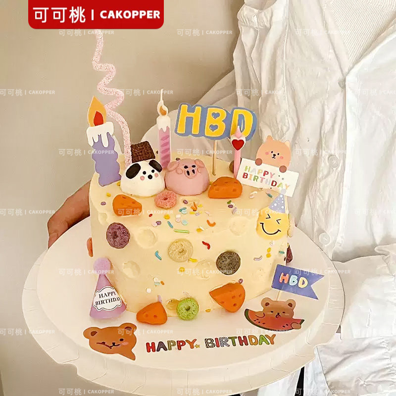 ins韩式卡通蛋糕装饰软胶小狗小猪奶酪蛋糕摆件生日烘焙甜品配件