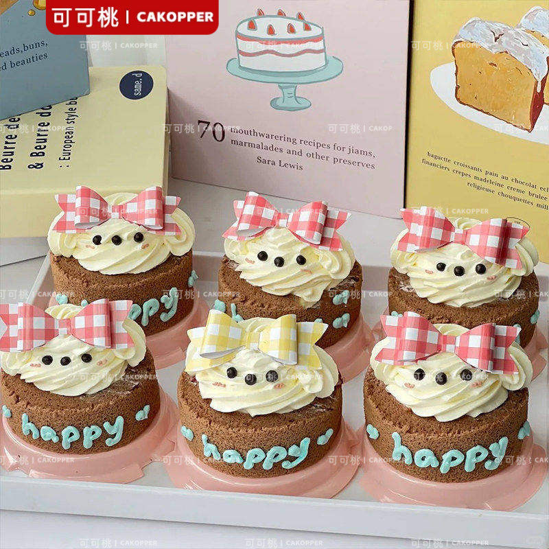 61韩式格子蝴蝶结小熊纸杯蛋糕装饰摆件卡通迷你小帽子插件