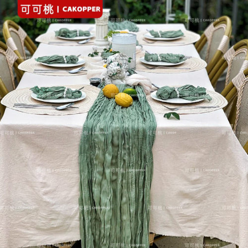 清新绿订婚餐桌布法式褶皱纱幔生日甜品台装饰布景拍照道具网纱布