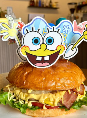 黄色方块卡通动漫甜品台装饰插件海绵宝宝蛋糕装饰插牌汉堡包插卡