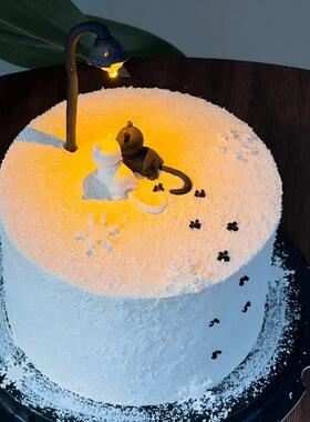 网红ins路灯猫咪情侣摆件七夕告白生日蛋糕装饰黑色气球装扮摆件