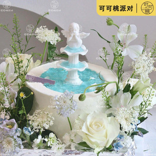 许愿池摆件天使蛋糕装饰配件喷泉果冻生日蛋糕烘焙配饰仿真花装扮