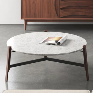 意式极简大理石圆形高低组合茶几现代轻奢实木小户型客厅岩板边几