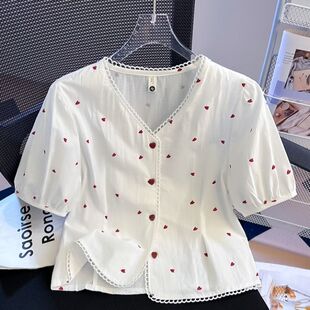 气质收腰短款 设计感蕾丝花边拼接v领短袖 法式 2025新款 上衣 女夏季