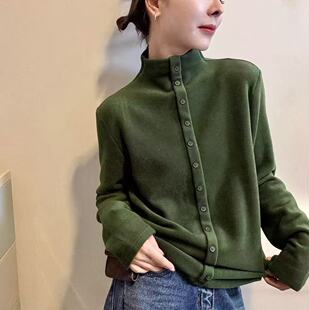 半高领德绒打底衫女秋冬款时尚纽扣设计洋气百搭保暖舒适套头上衣