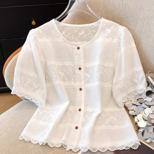 洋气减龄气质小衫 白色花朵刺绣短袖 薄款 女夏季 设计感小众上衣 衬衫