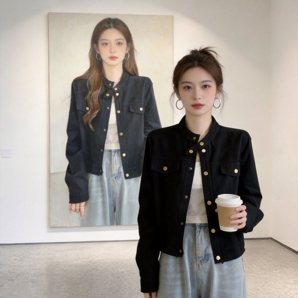 春季大码女装长袖立领咖色外套女新款胖mm显瘦宽松短款复古夹克潮