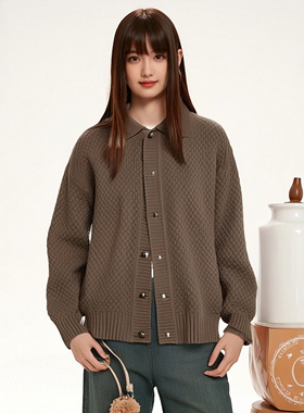 F.TOBO纯色翻领针织开衫2025春季新款男女同款简约百搭慵懒风外套