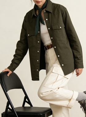 春秋军绿色条纹衬衫男美式复古纯棉工装风休闲长袖纽扣开衫上衣潮