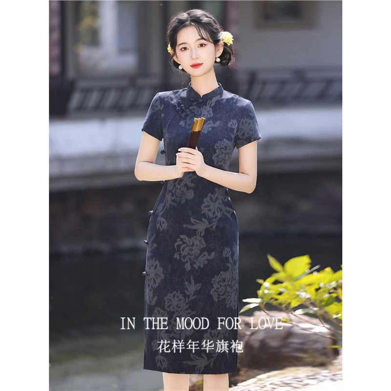 新中式深蓝花卉民国风短袖
