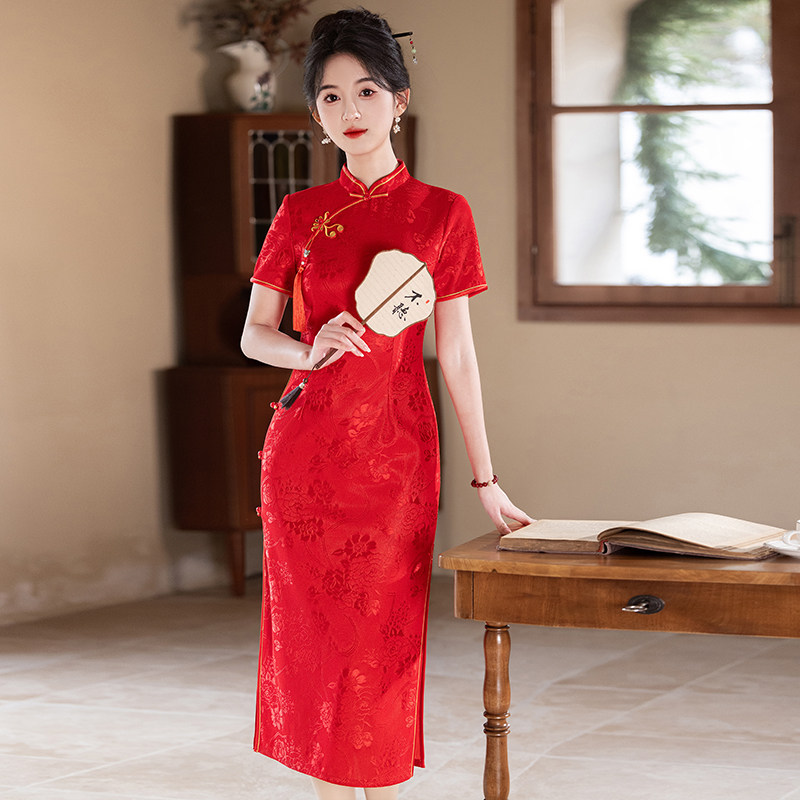 四小姐花样年华旗袍红色2026新款年轻款中国红短款改良显瘦洋装夏