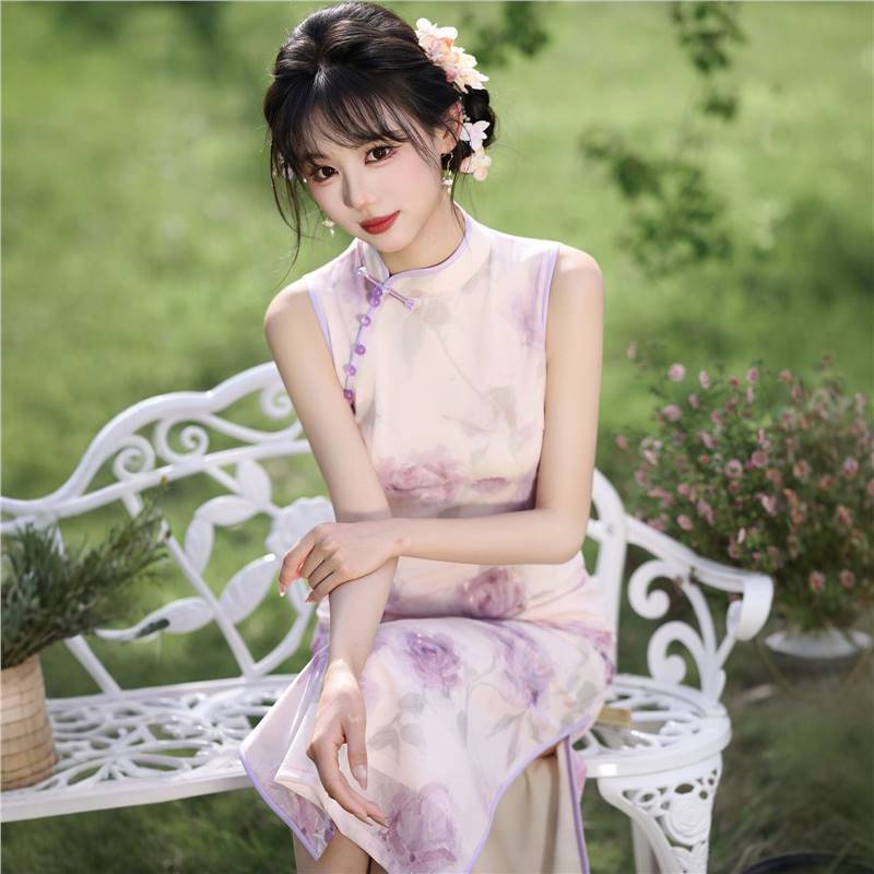 四小姐花样年华旗袍新中式改良女夏新款无袖长版紫色晕染印花修身