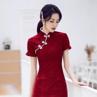 四小姐花样年华旗袍红色春夏季2026新中式改良婚宴蕾丝低领短款