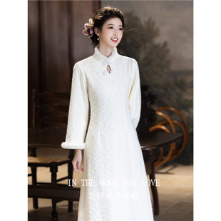 四小姐花样年华旗袍新中式白色小个子绝美冬季新款加绒女连衣裙