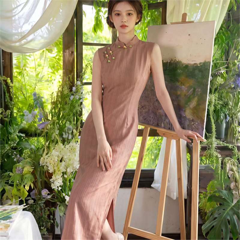 四小姐花样年华旗袍粉色TR棉麻夏长款女2026夏新款少女无袖年轻款