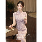 四小姐花样年华旗袍复古风改良女短袖 淡紫色花色长裙气质连衣裙
