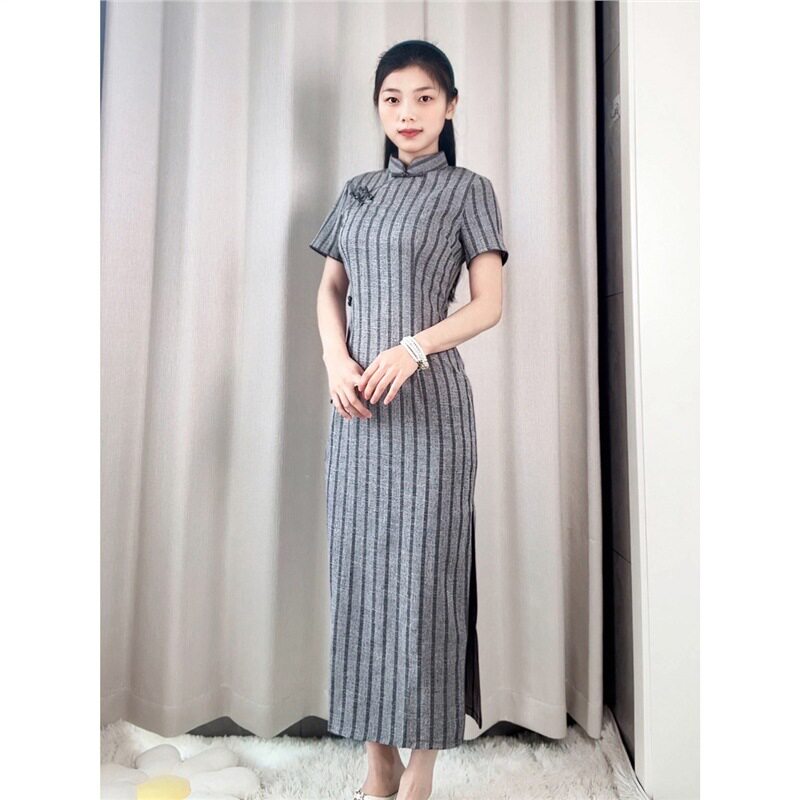 四小姐花样年华旗袍灰色条纹民国风复古气质2026女夏季改良修身小