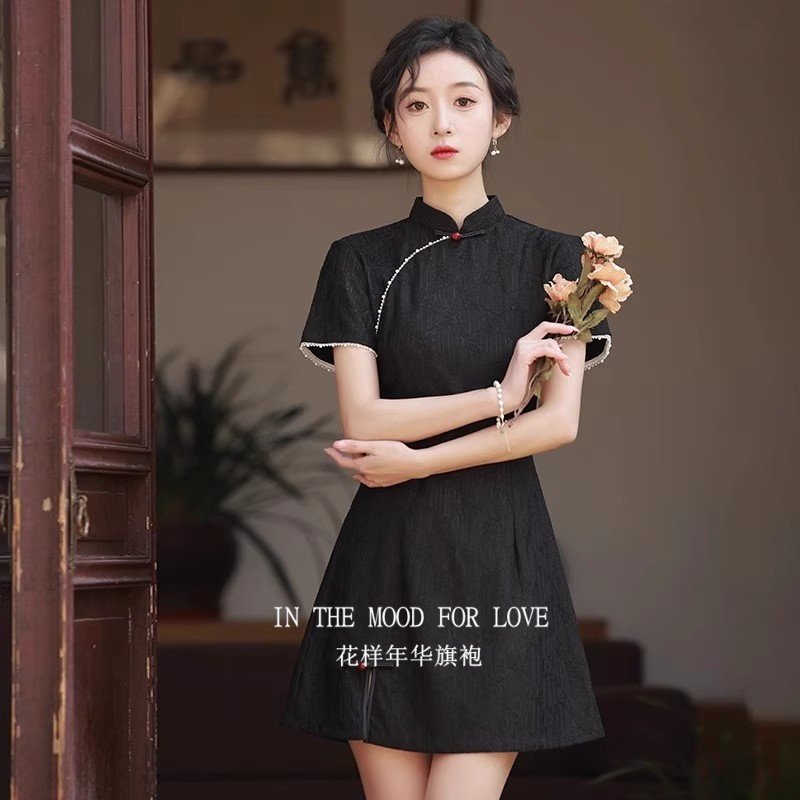 四小姐花样年华旗袍新中式小个子黑色显瘦夏季2026短款连衣裙