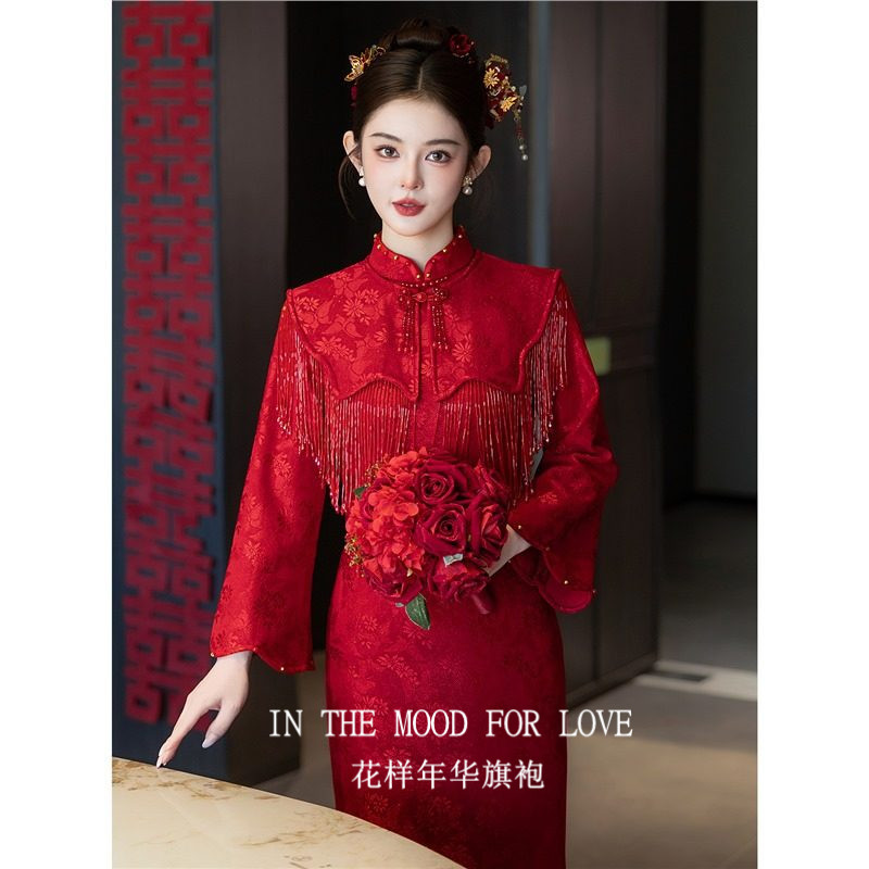 四小姐花样年华旗袍红色冬季披肩上档次蕾丝加绒新中式结婚礼服
