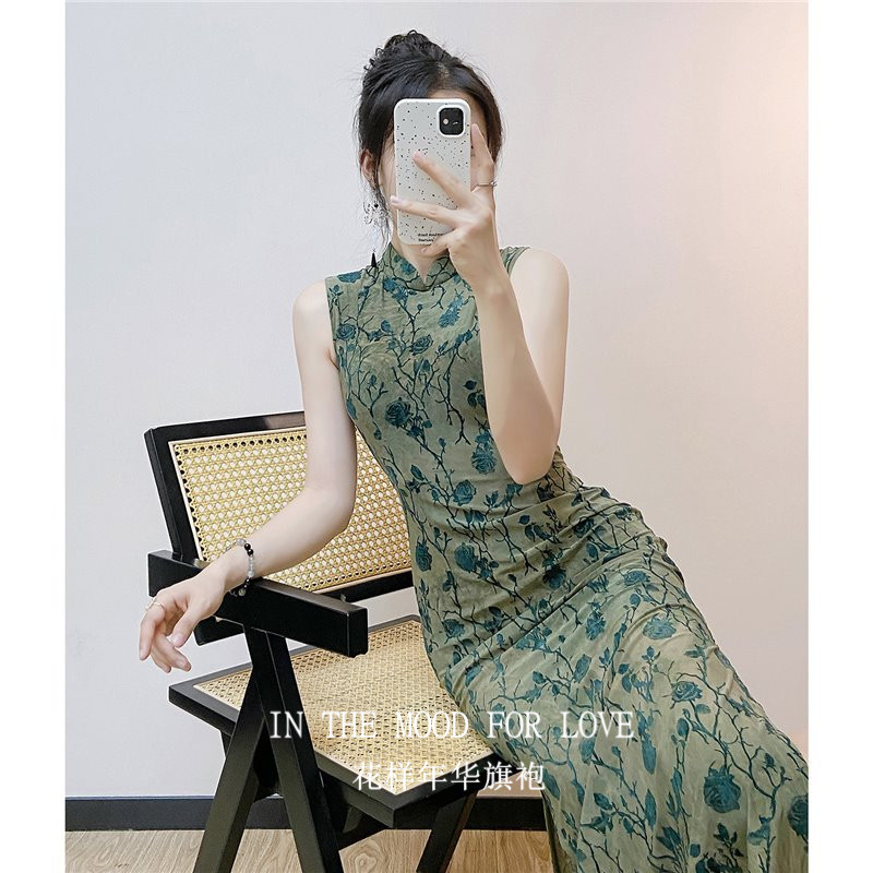 四小姐花样年华旗袍绿色女新中式绝美弹力无袖素雅女高级小个子