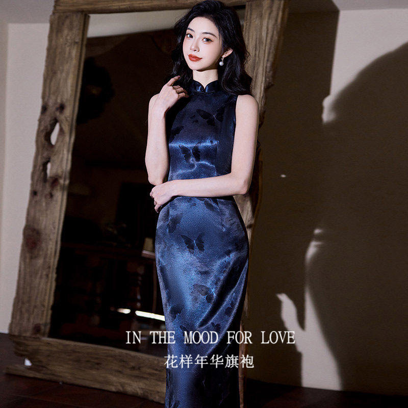 无袖蓝国风长款改良礼服