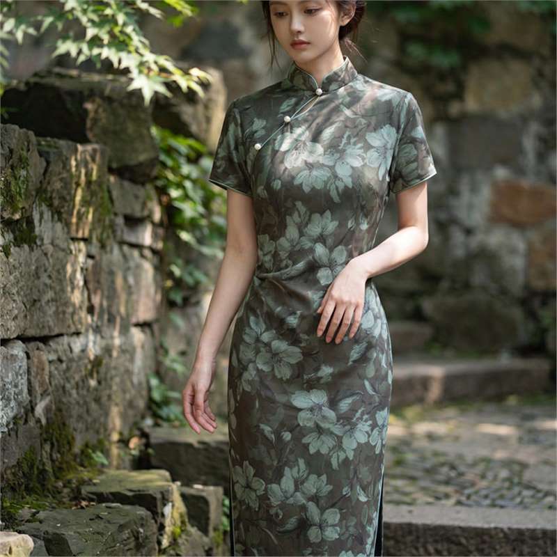 四小姐花样年华旗袍墨绿色网纱印花夏长款女2026夏新款少女短袖年