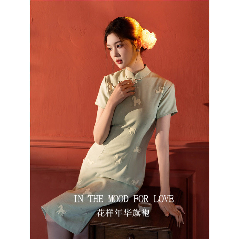 四小姐花样年华旗袍新中式绿色小马女2026短袖少女小个子连衣裙夏