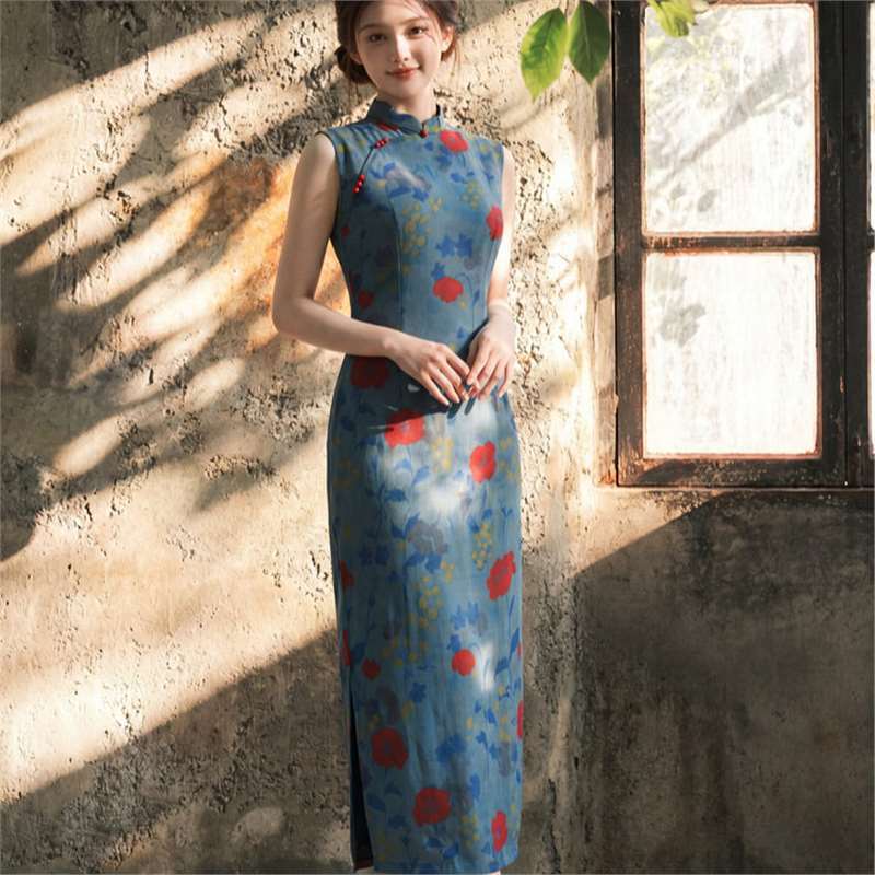 四小姐花样年华旗袍蓝底红花网纱印花夏长款女2026夏新款少女无袖