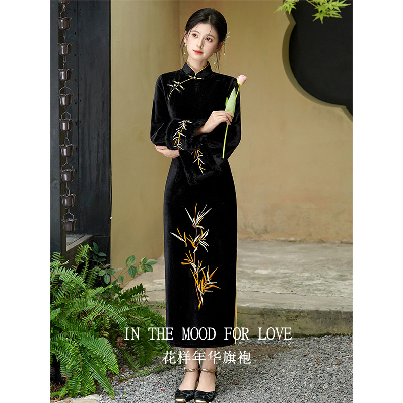 四小姐花样年华旗袍黑色民国风优雅复古加绒改良连衣裙新中式