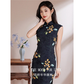 四小姐花样年华旗袍绝美新中式 深蓝色花朵印花高端大气连衣裙 无袖