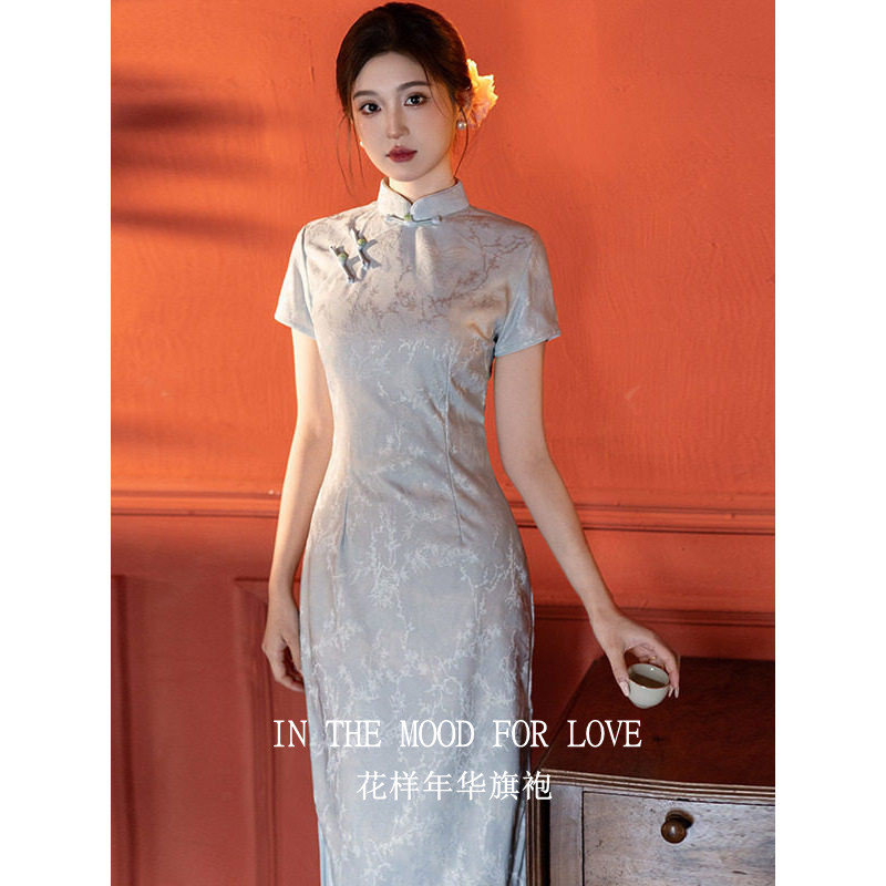 四小姐花样年华旗袍蓝色国风中长款改良2026女修身短袖小个子夏季