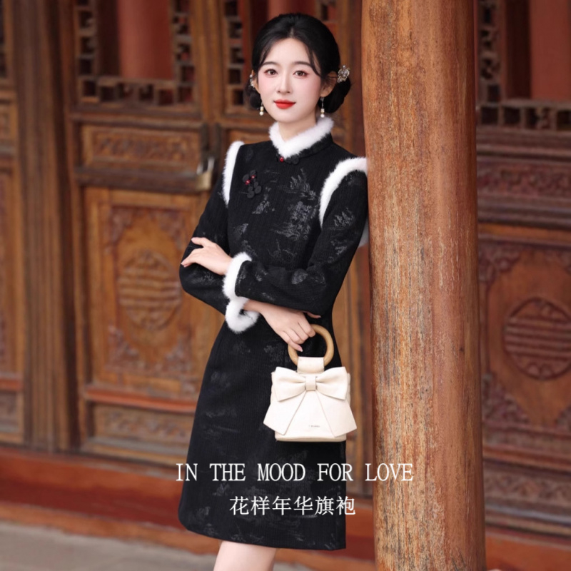 四小姐花样年华旗袍秋冬黑色长袖小个子新中式少女礼服连衣裙