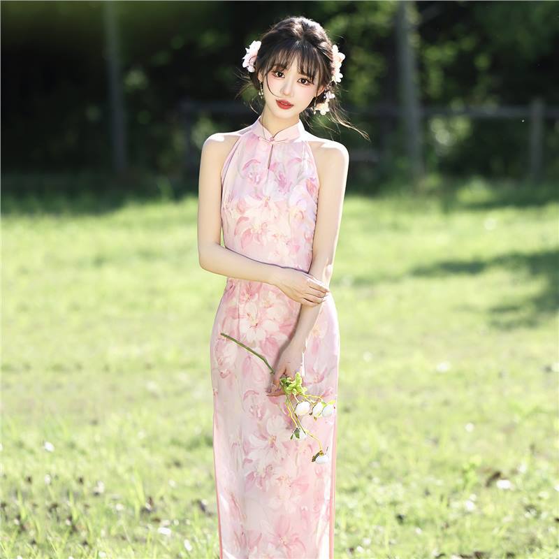 四小姐花样年华旗袍新中式国风淑女范挂颈掐腰瑞士网夏季粉色日常