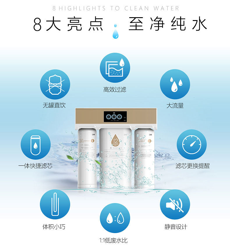 3M净水器R8-56G家用厨房ro反渗透膜纯水机无桶过滤器净水器