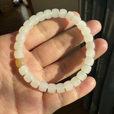 新疆且末料和田玉羊脂白玉手链年糕料糯白无暇卡7精品收藏手串
