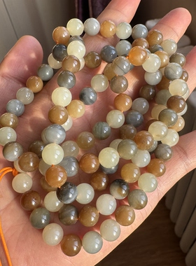 新疆且末料和田玉楼兰三色108长链油糯细腻8mm项链手链毛衣链收藏