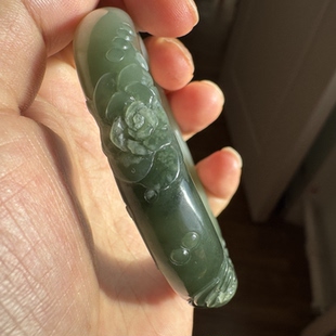 55圈新疆和田玉翠青白玉手镯半山半水天然翠青雕花花开富贵收藏镯
