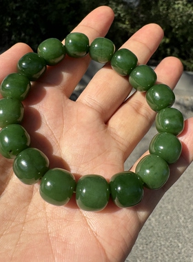 俄碧老坑料和田玉碧玉手串12mm老型珠满绿辣绿轻微红皮矿点手链