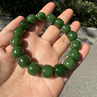 俄碧老坑料和田玉碧玉手串12mm老型珠满绿辣绿轻微红皮矿点手链