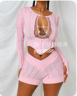 套装 外贸BAD纯欲风纯原超级辣妹修身 大U领螺纹明线不规则弹性修身