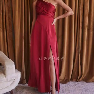 A字摆开叉酒会 老美贵牌AST 修身 单肩长裙 年会礼服裙 剪裁牛新款