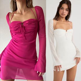 外贸单 性感大辣妹复古大方领小喇叭袖法式收腰气质雪纺连衣裙